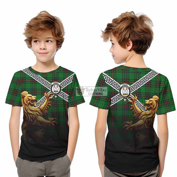 Kinnear Crest Tartan Kid T-Shirt with Golden Lion Emblem Celtic Style