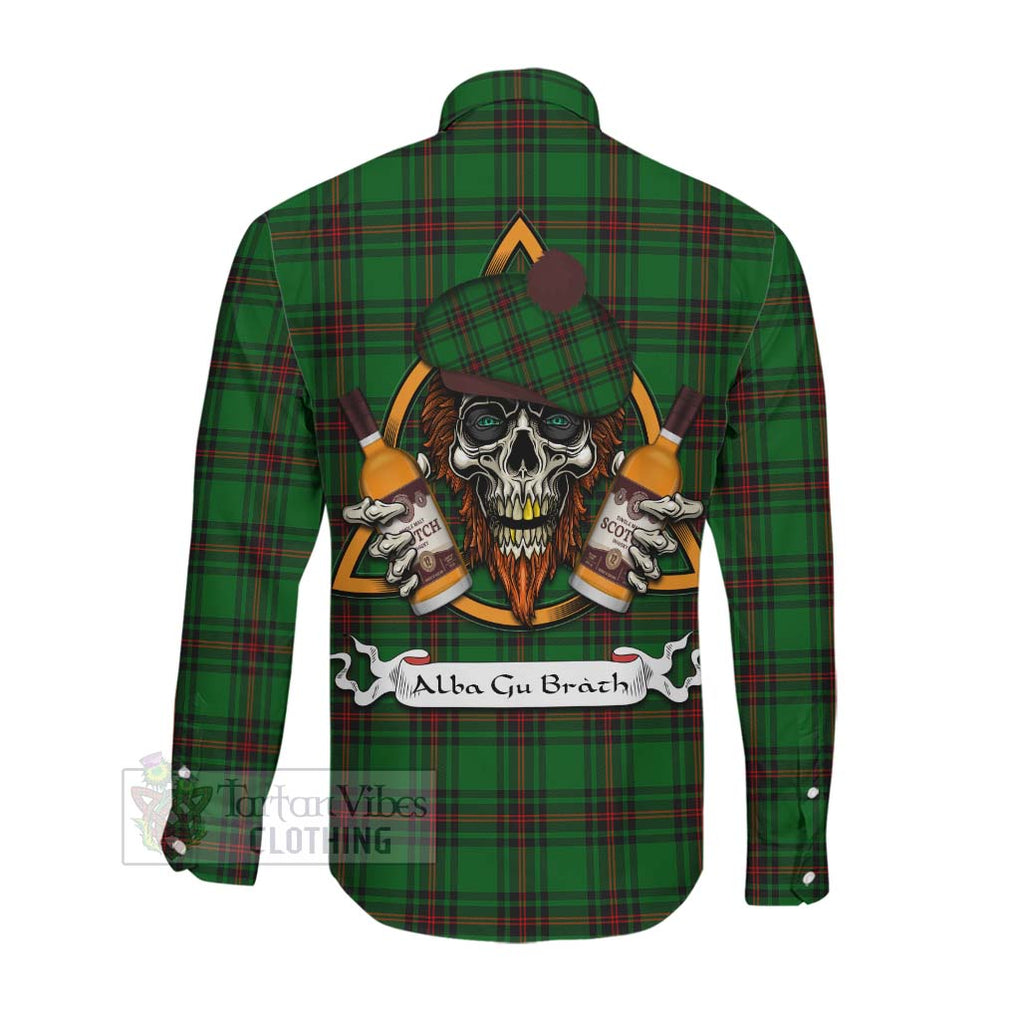 Tartan Vibes Clothing Kinnear Tartan Long Sleeve Button Shirt with Family Crest and Bearded Skull Holding Bottles of Whiskey