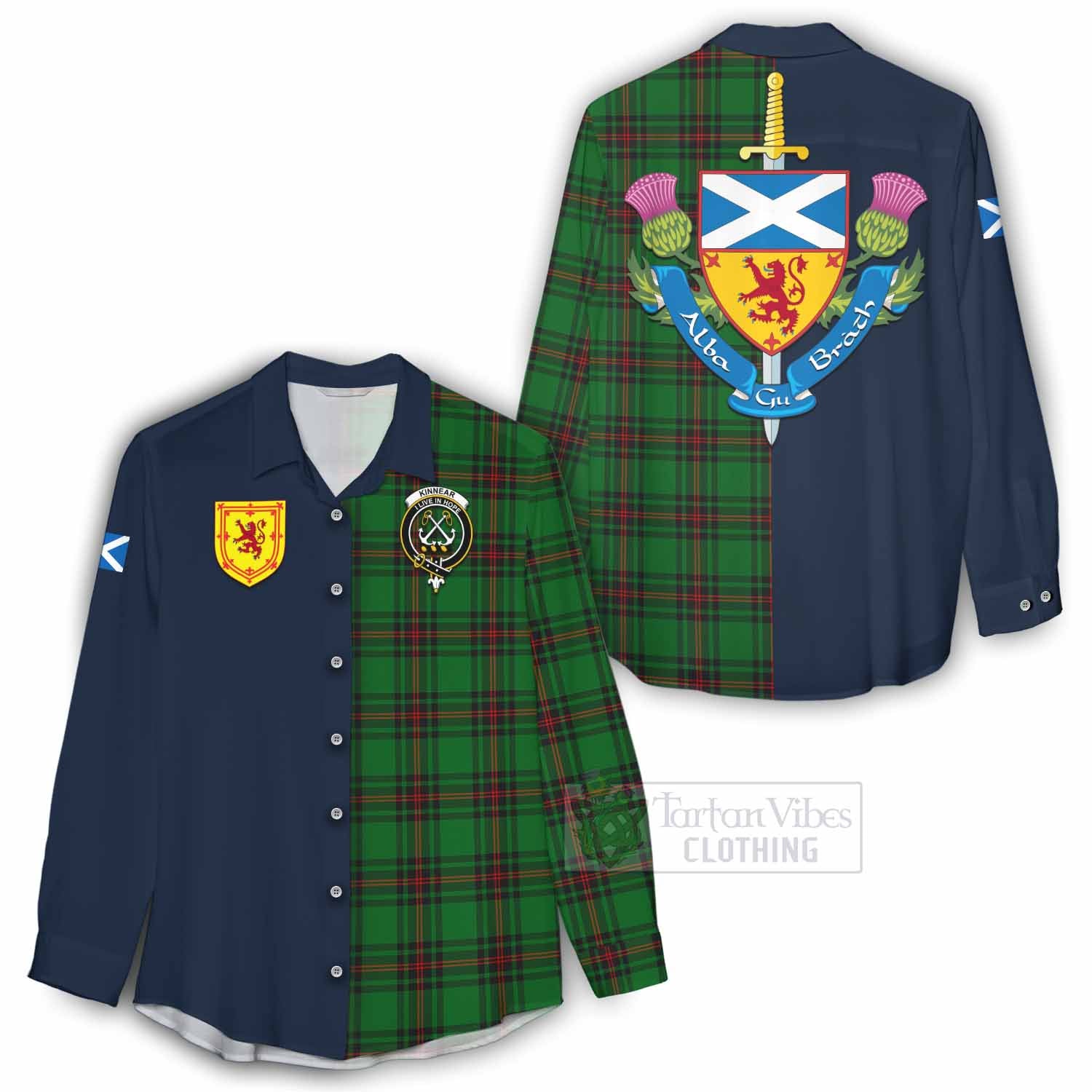 Tartan Vibes Clothing Kinnear Tartan Women's Casual Shirt Alba with Scottish Lion Royal Arm Half Style