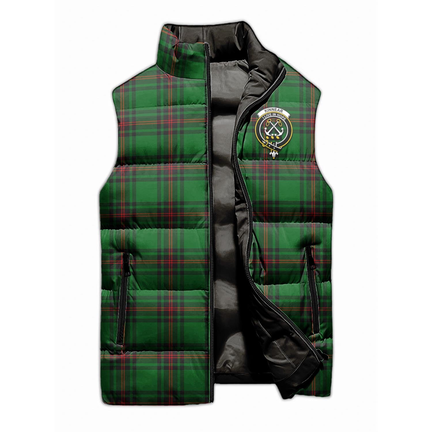 Kinnear Tartan Sleeveless Puffer Jacket with Family Crest - Tartanvibesclothing