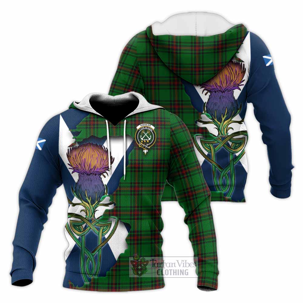 Tartan Vibes Clothing Kinnear Tartan Family Crest Knitted Hoodie Scottish Thistle Celtic Inspired