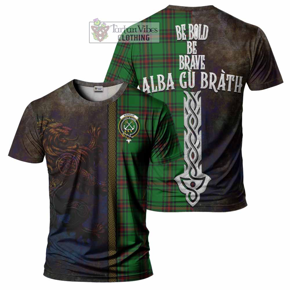 Tartan Vibes Clothing Kinnear Tartan Family Crest T-Shirt Alba Gu Brath Be Brave Lion Ancient Style