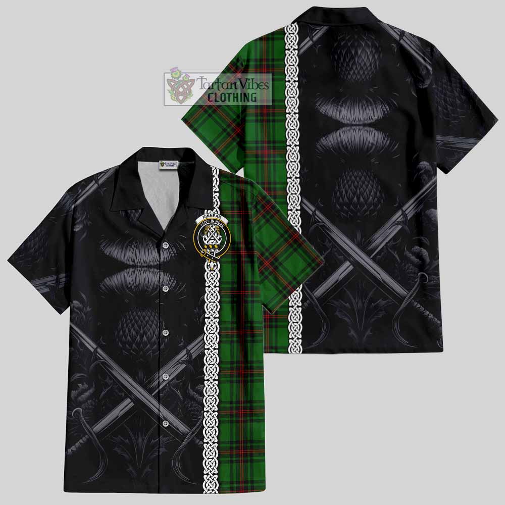 Tartan Vibes Clothing Kinnear Tartan Short Sleeve Button Shirt with Family Crest Cross Sword Thistle Celtic Vibes