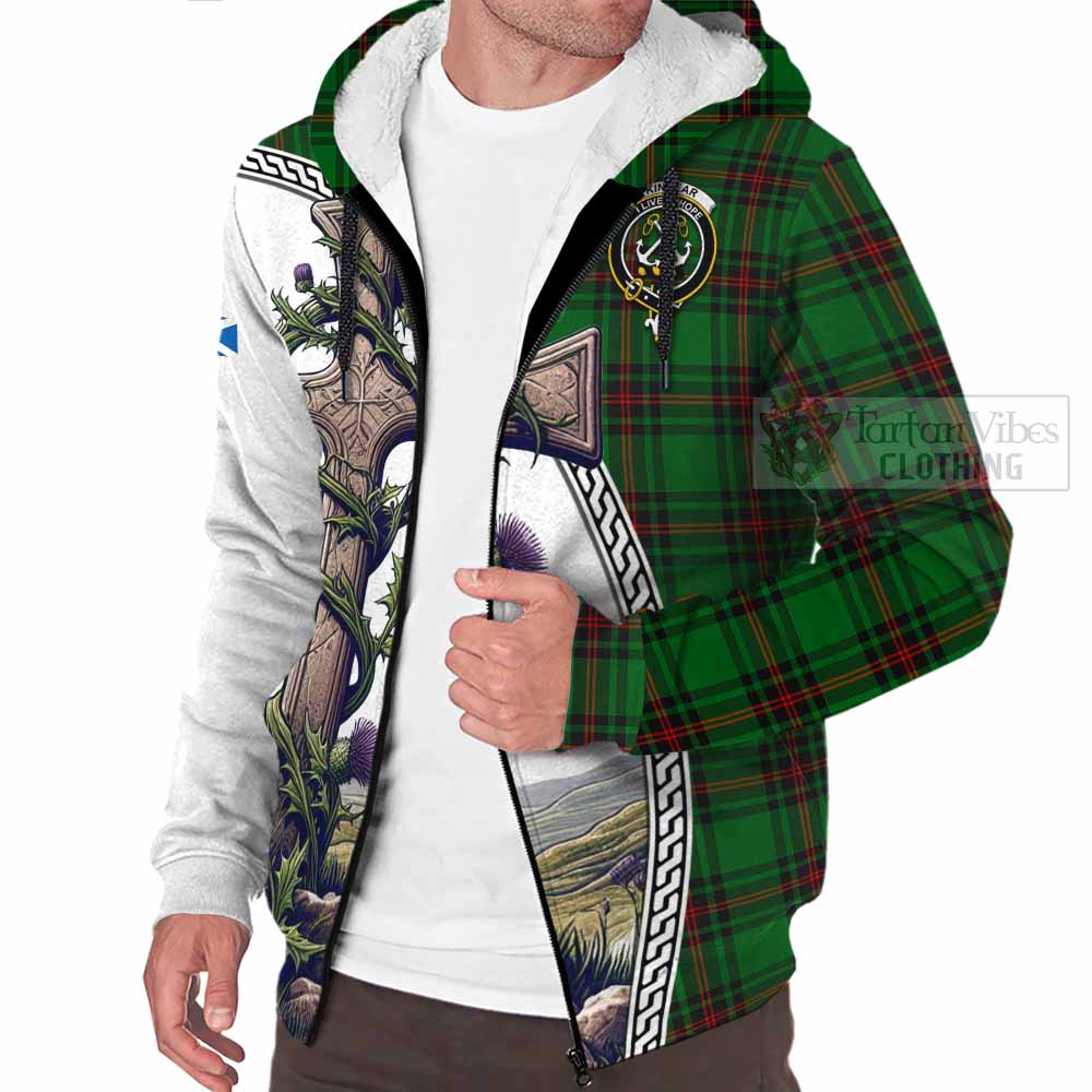 Tartan Vibes Clothing Kinnear Tartan Sherpa Hoodie with Family Crest and St. Andrew's Cross Accented by Thistle Vines