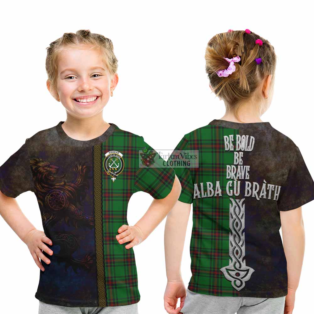 Tartan Vibes Clothing Kinnear Tartan Family Crest Kid T-Shirt Alba Gu Brath Be Brave Lion Ancient Style