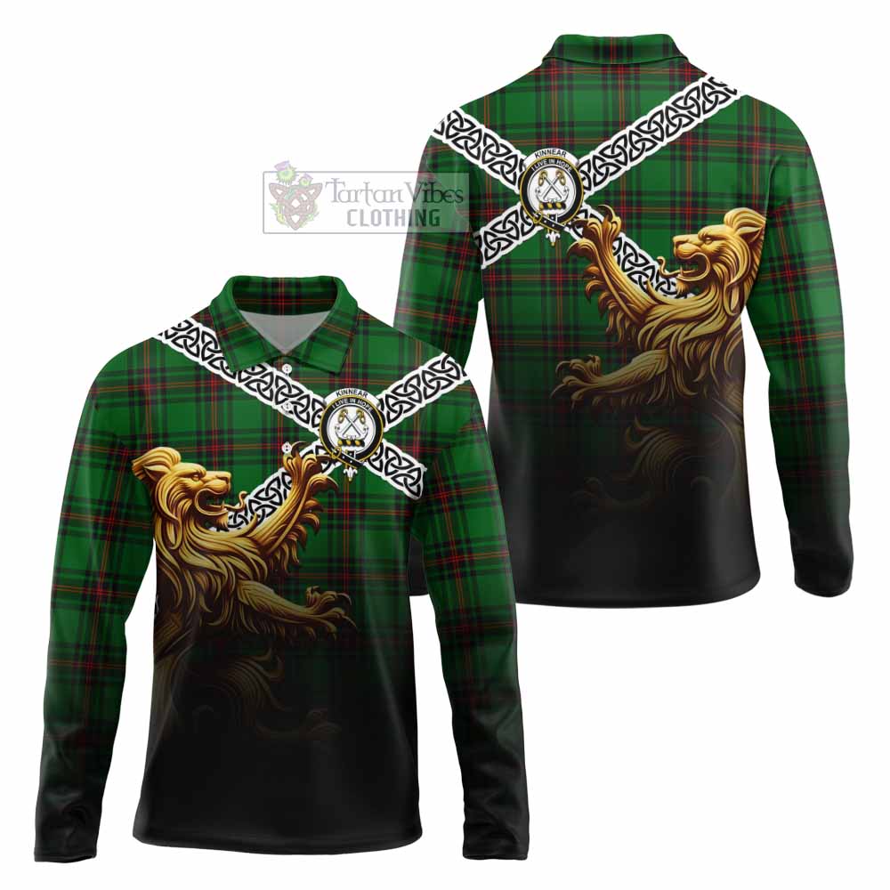 Tartan Vibes Clothing Kinnear Crest Tartan Long Sleeve Polo Shirt with Golden Lion Emblem Celtic Style