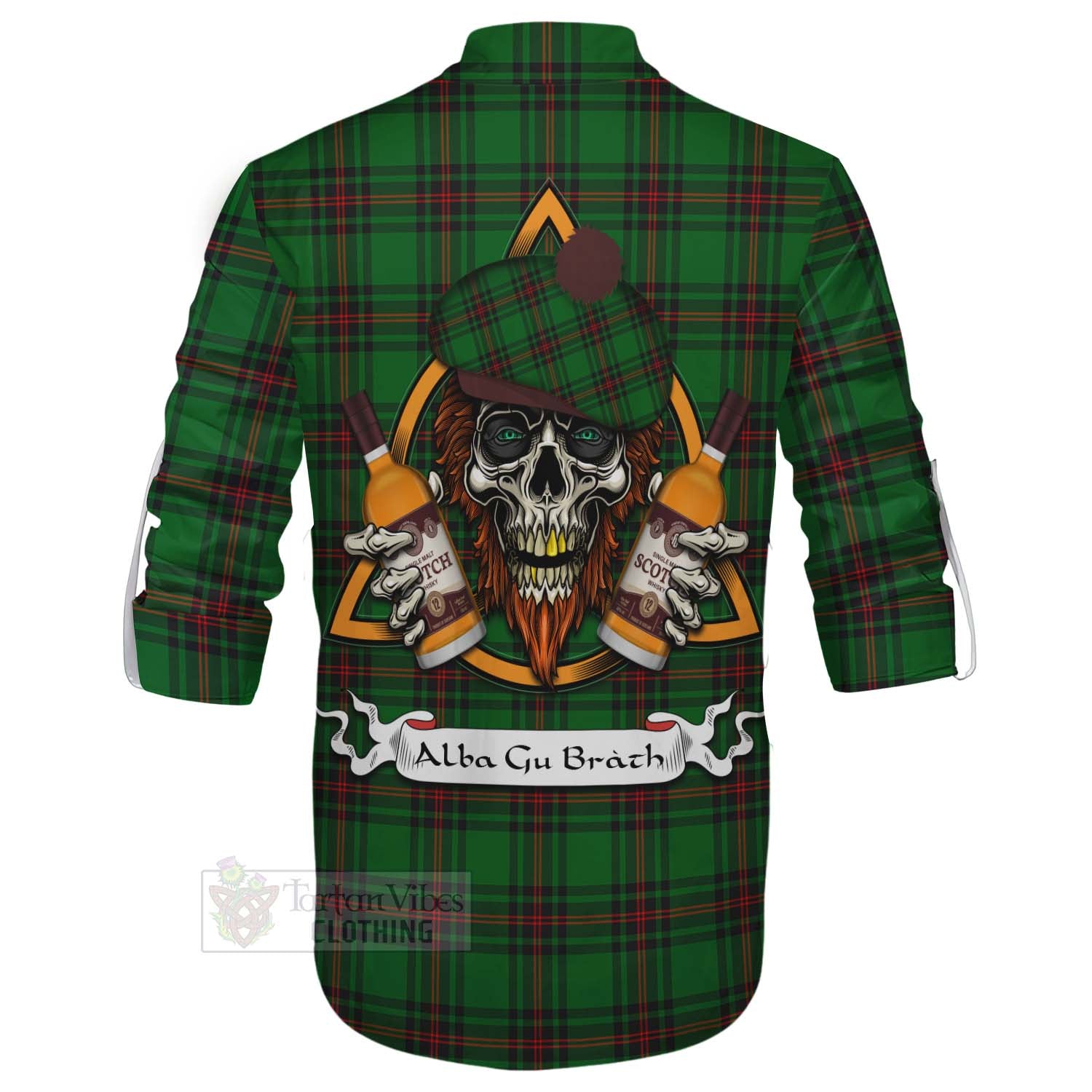 Tartan Vibes Clothing Kinnear Tartan Ghillie Kilt Shirt with Family Crest and Bearded Skull Holding Bottles of Whiskey