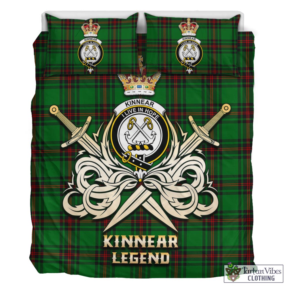 Tartan Vibes Clothing Kinnear Tartan Bedding Set with Clan Crest and the Golden Sword of Courageous Legacy