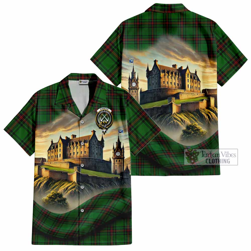 Tartan Vibes Clothing Kinnear Tartan Family Crest Short Sleeve Button Shirt with Scottish Ancient Castle Style