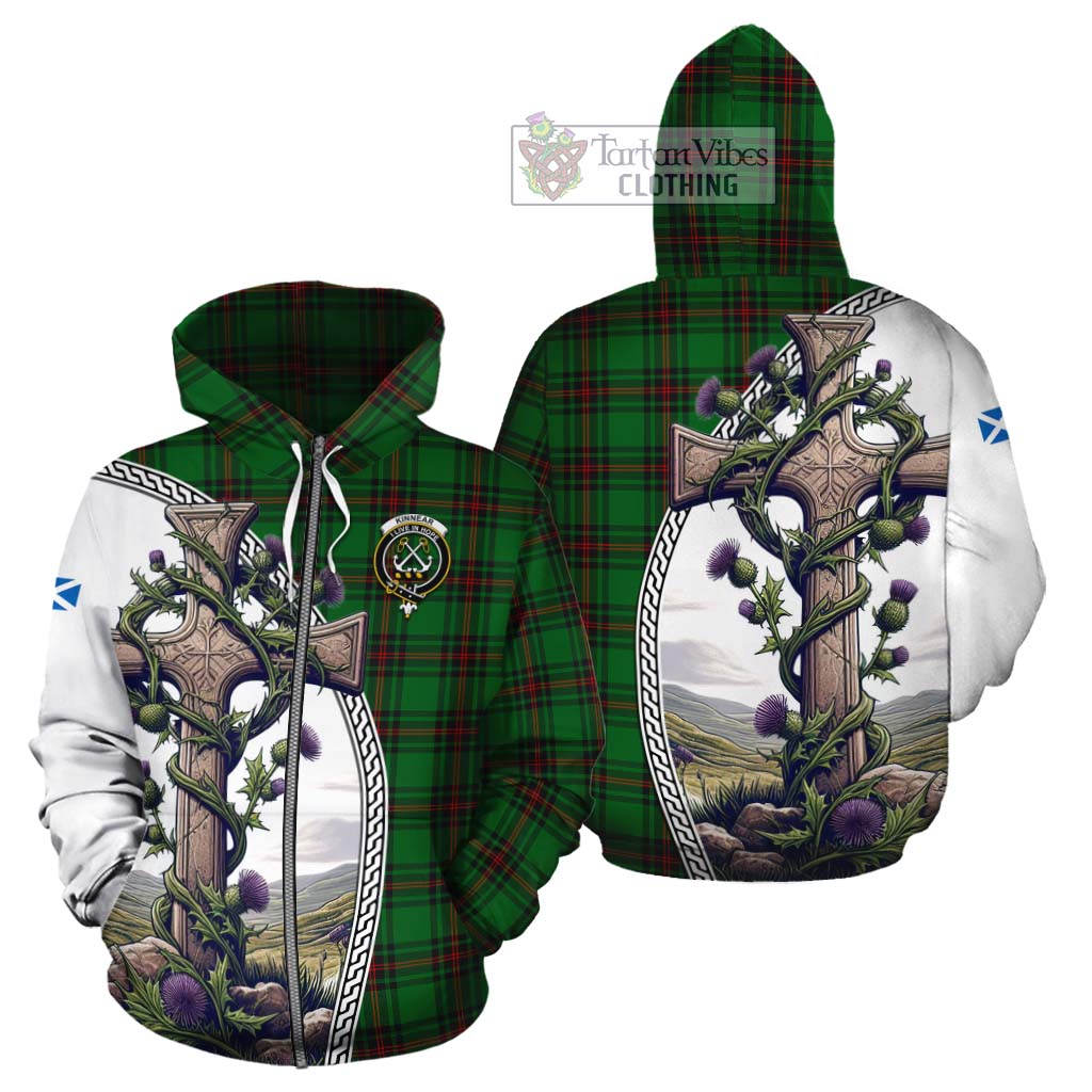 Tartan Vibes Clothing Kinnear Tartan Cotton Hoodie with Family Crest and St. Andrew's Cross Accented by Thistle Vines