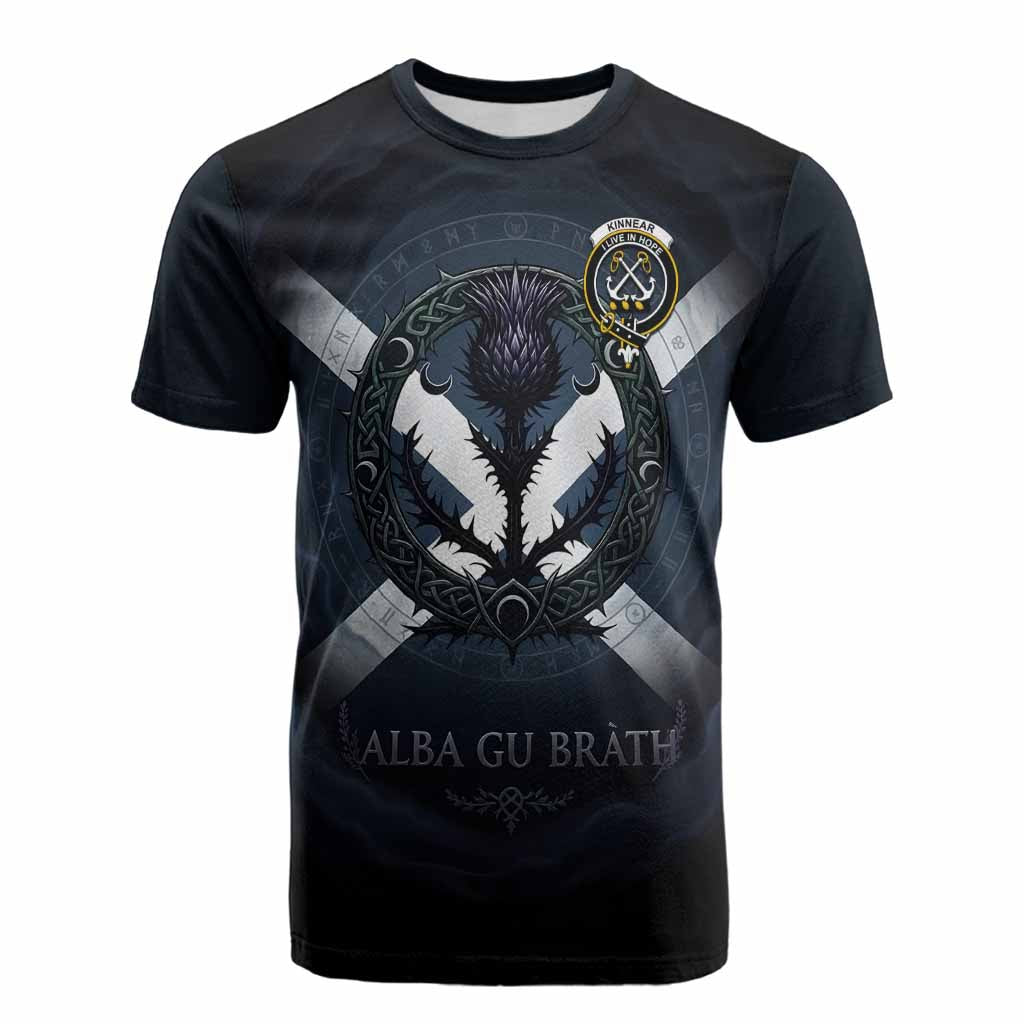 Kinnear Clan Crest Cotton T-shirt with Celtic Knot Thistle and Saltire