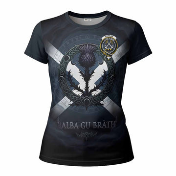 Kinnear Clan Crest Women T shirt with Celtic Knot Thistle and Saltire