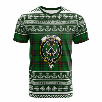 Kinnear Clan Tartan Christmas Cotton T-shirt with Family Crest