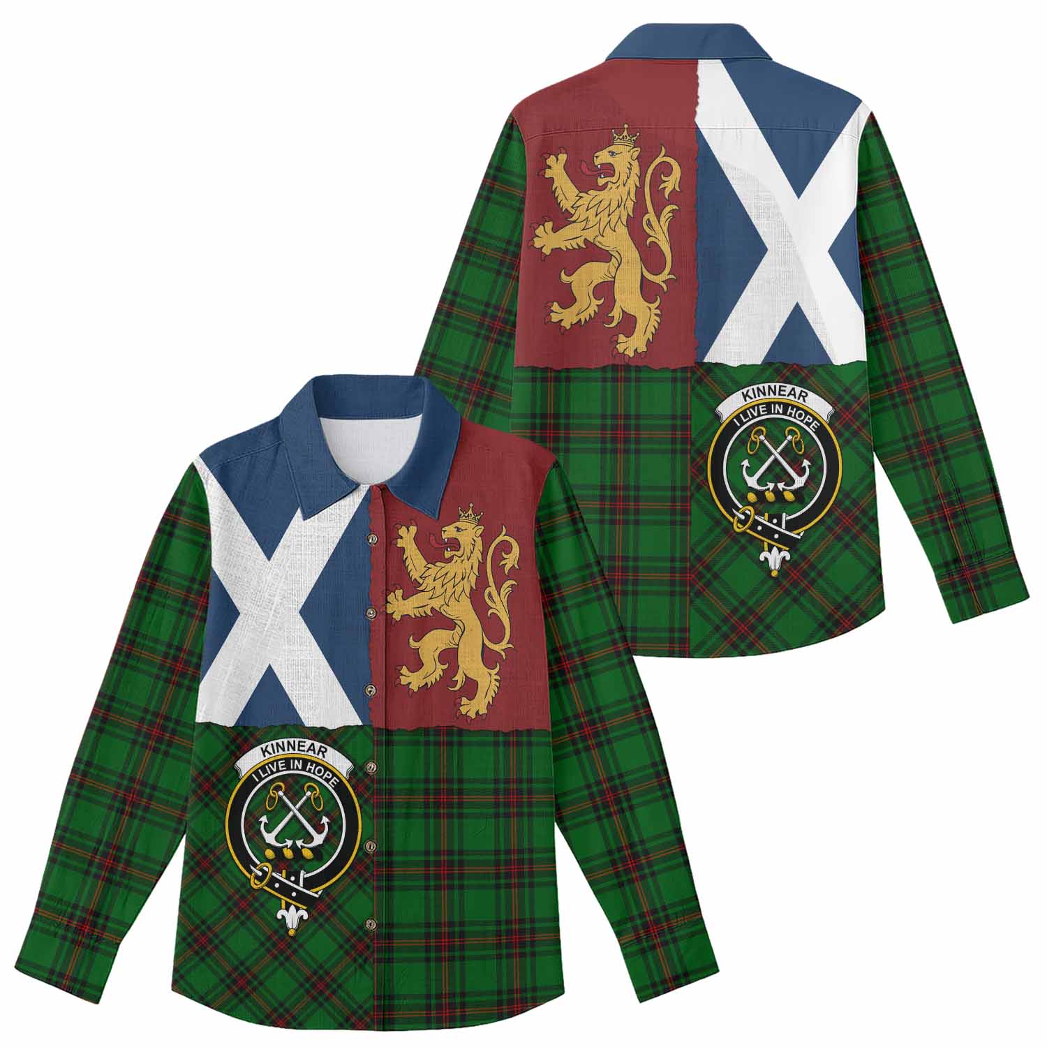 Kinnear Crest Tartan Women Casual Shirt with Lion Rampant Saltire Style
