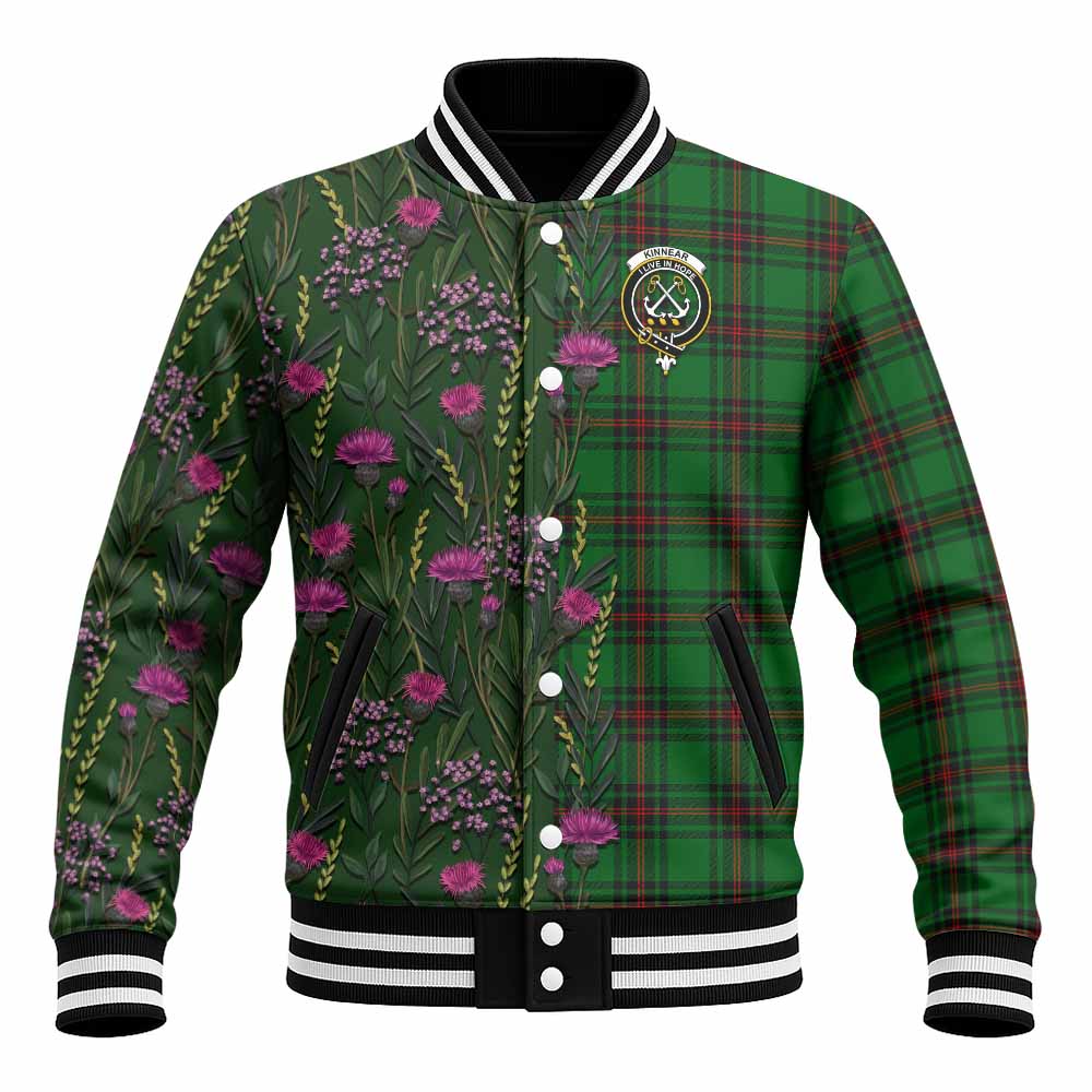 Kinnear Family Crest Tartan Baseball Jacket Scottish Thistle Flower Pattern Half Style - Tartan Vibes Clothing