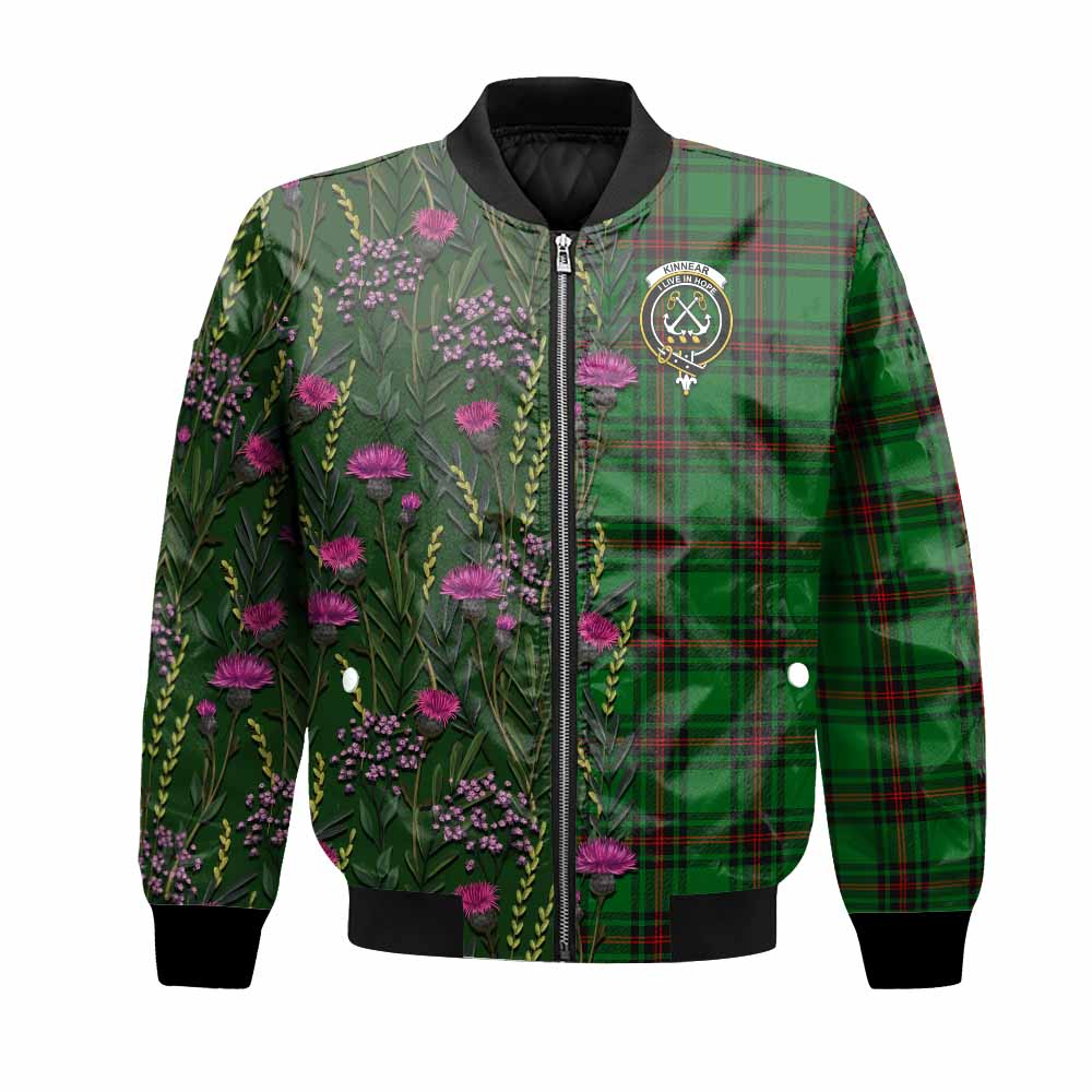 Kinnear Family Crest Tartan Bomber Jacket Scottish Thistle Flower Pattern Half Style - Tartan Vibes Clothing