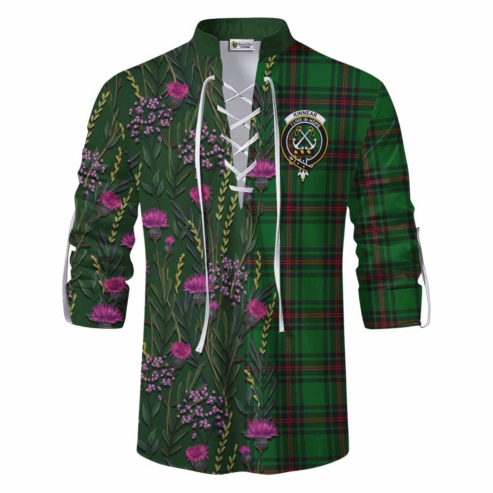 Kinnear Family Crest Tartan Ghillie Shirt Scottish Thistle Flower Pattern Half Style - Tartan Vibes Clothing