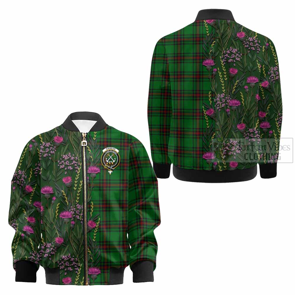 Kinnear Family Crest Tartan Kid Bomber Jacket Scottish Thistle Flower Pattern Half Style - Tartan Vibes Clothing