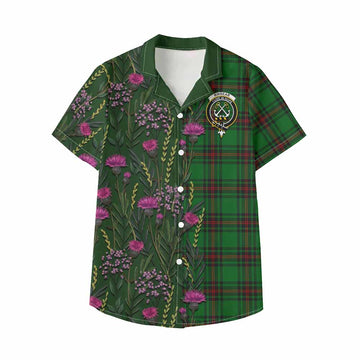 Kinnear Family Crest Tartan Kid Hawaiian Shirt Scottish Thistle Flower Pattern Half Style - Tartan Vibes Clothing
