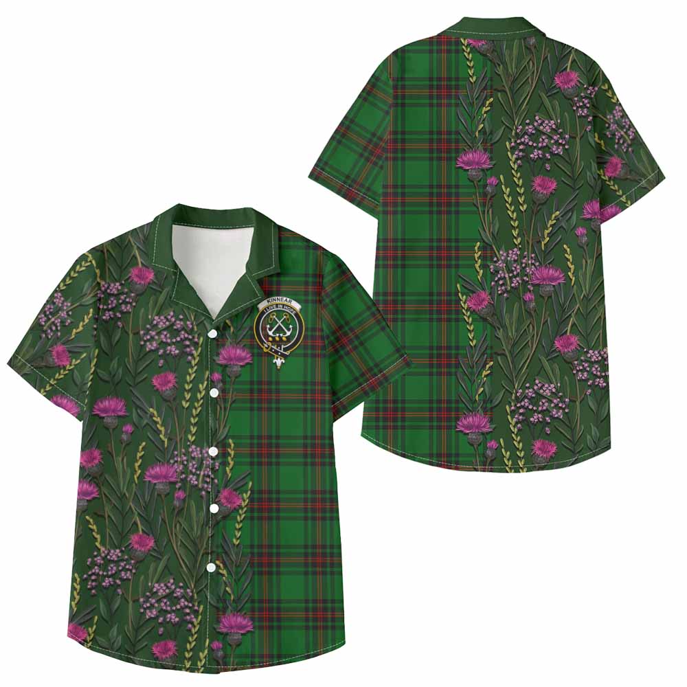 Kinnear Family Crest Tartan Kid Hawaiian Shirt Scottish Thistle Flower Pattern Half Style - Tartan Vibes Clothing