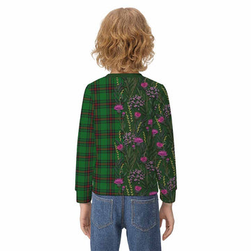 Kinnear Family Crest Tartan Kid Knitted Sweatshirt Scottish Thistle Flower Pattern Half Style - Tartan Vibes Clothing