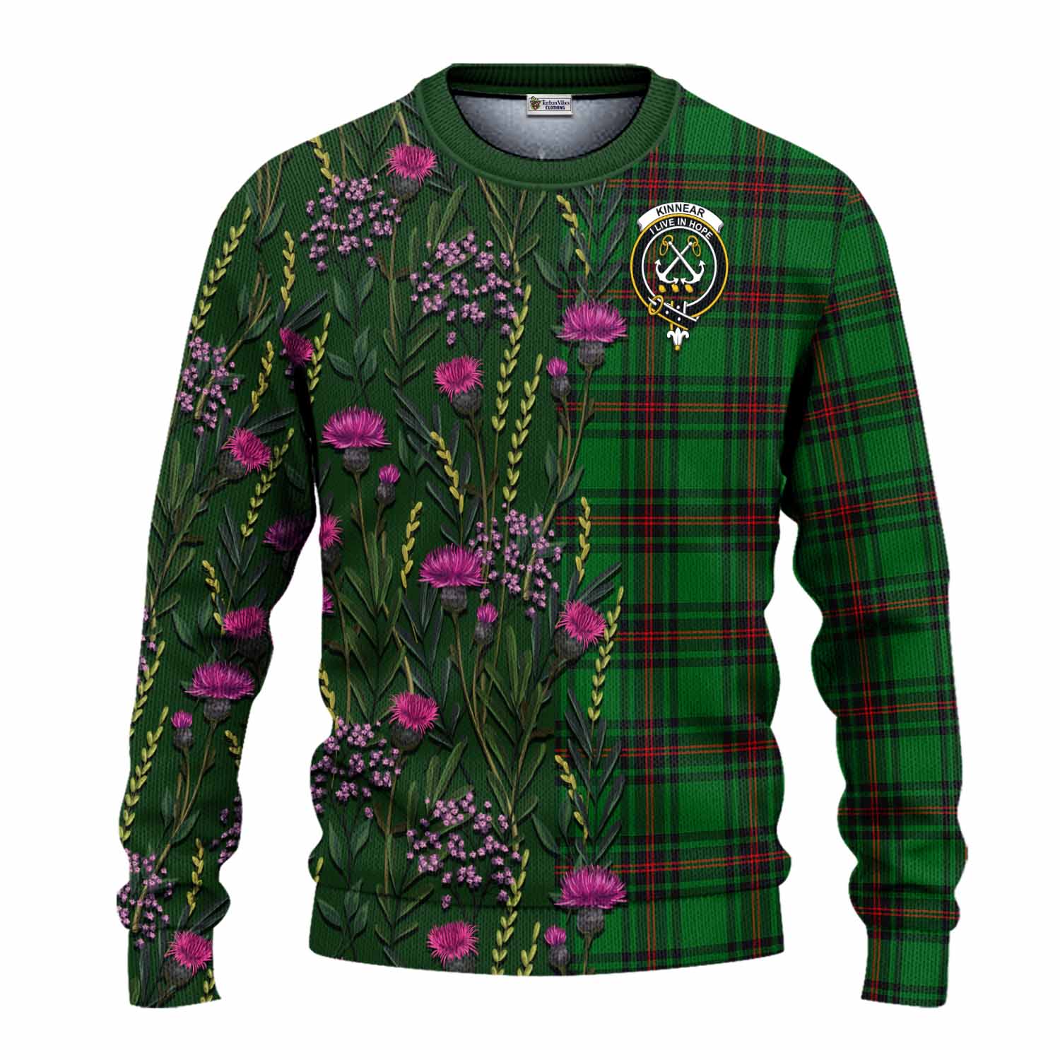 Kinnear Family Crest Tartan Knitted Sweater Scottish Thistle Flower Pattern Half Style - Tartan Vibes Clothing