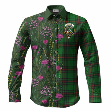 Kinnear Family Crest Tartan Long Sleeve Button Shirts Scottish Thistle Flower Pattern Half Style