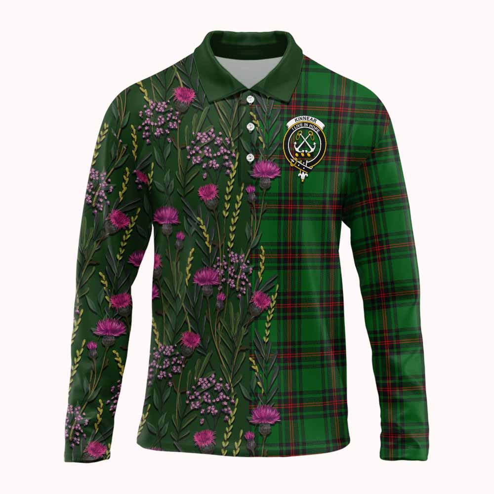 Kinnear Family Crest Tartan Long Sleeve Polo Shirt Scottish Thistle Flower Pattern Half Style - Tartan Vibes Clothing