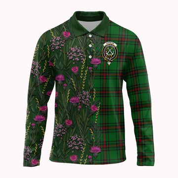Kinnear Family Crest Tartan Long Sleeve Polo Shirt Scottish Thistle Flower Pattern Half Style