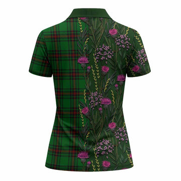 Kinnear Family Crest Tartan Women Polo Shirt Scottish Thistle Flower Pattern Half Style