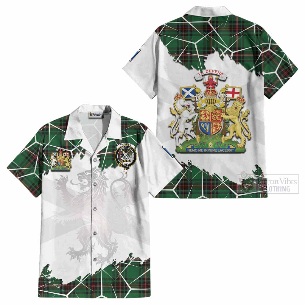 Kinnear Tartan Cotton Hawaiian Shirt with Family Crest and Lion Rampant Grunge Style