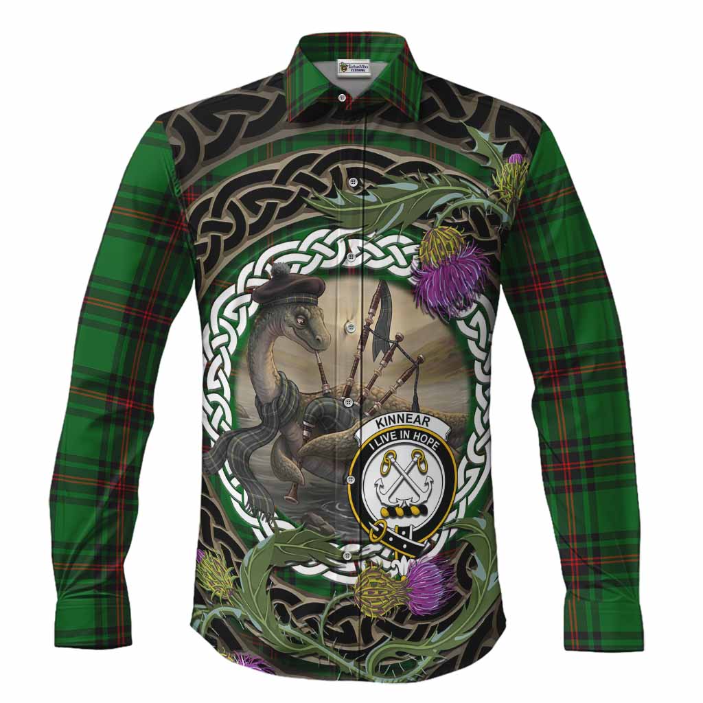 Kinnear Tartan Crest Bagpipe Nessie Long Sleeve Button Shirts Scottish Loch Ness Monster Celtic Thistle