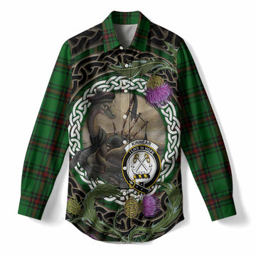 Kinnear Tartan Crest Bagpipe Nessie Women Casual Shirt Scottish Loch Ness Monster Celtic Thistle