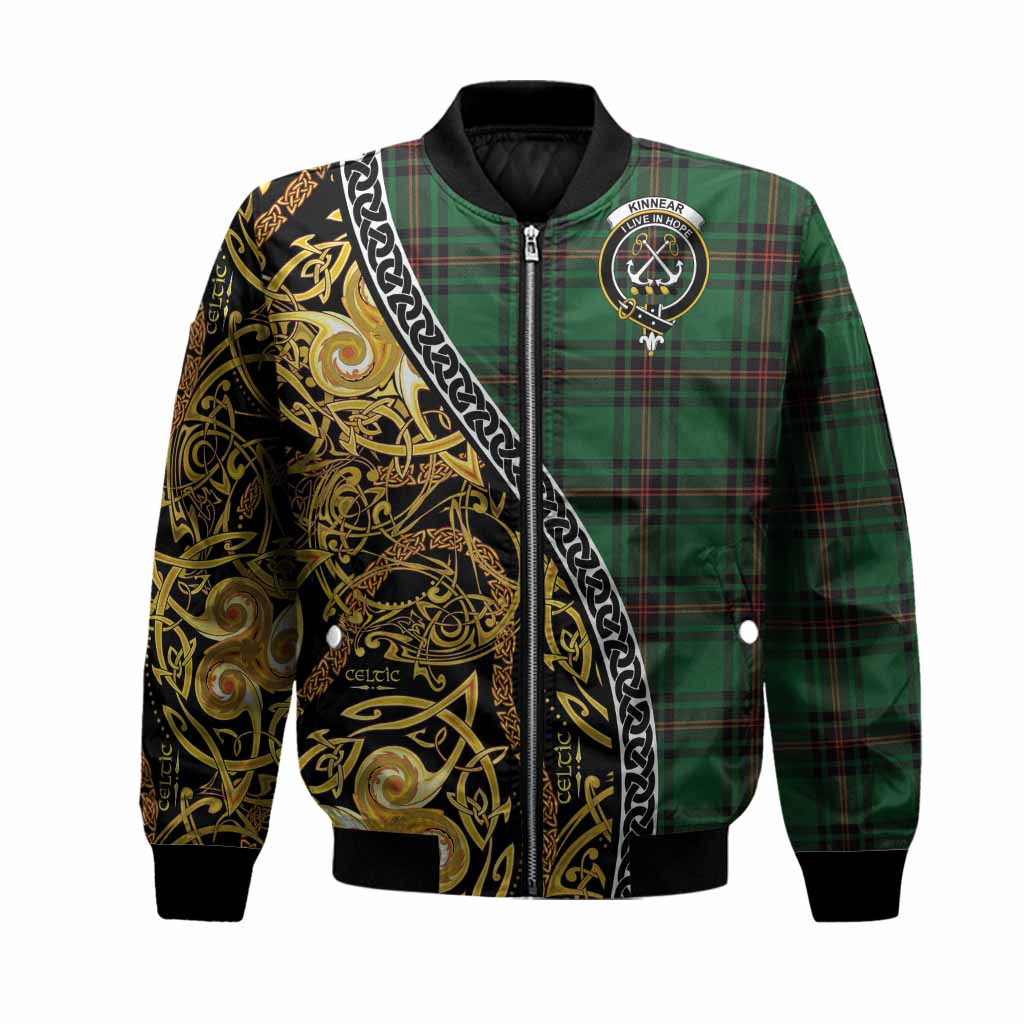 Kinnear Tartan Crest Bomber Jacket Celtic Knot and Triple Trickle Spiral Symbols