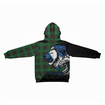 Kinnear Tartan Crest Kid Hoodie Scottish Golden Lions Wave Flow