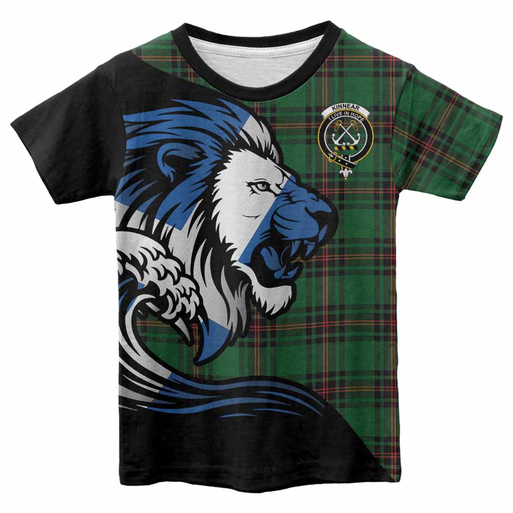 Kinnear Tartan Crest Kid T-shirt Scottish Golden Lions Wave Flow