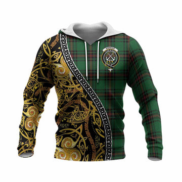 Kinnear Tartan Crest Knitted Hoodie Celtic Knot and Triple Trickle Spiral Symbols