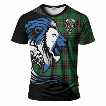 Kinnear Tartan Crest T-Shirt Scottish Golden Lions Wave Flow