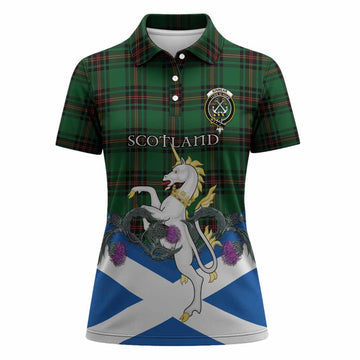 Kinnear Tartan Crest Women Polo Shirt Scottish Unicorn With Thistle