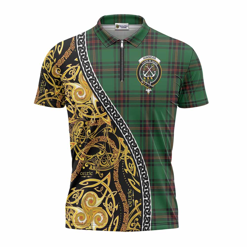 Kinnear Tartan Crest Zipper Polo Shirt Celtic Knot and Triple Trickle Spiral Symbols