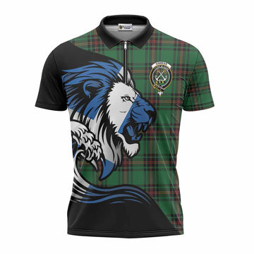 Kinnear Tartan Crest Zipper Polo Shirt Scottish Golden Lions Wave Flow