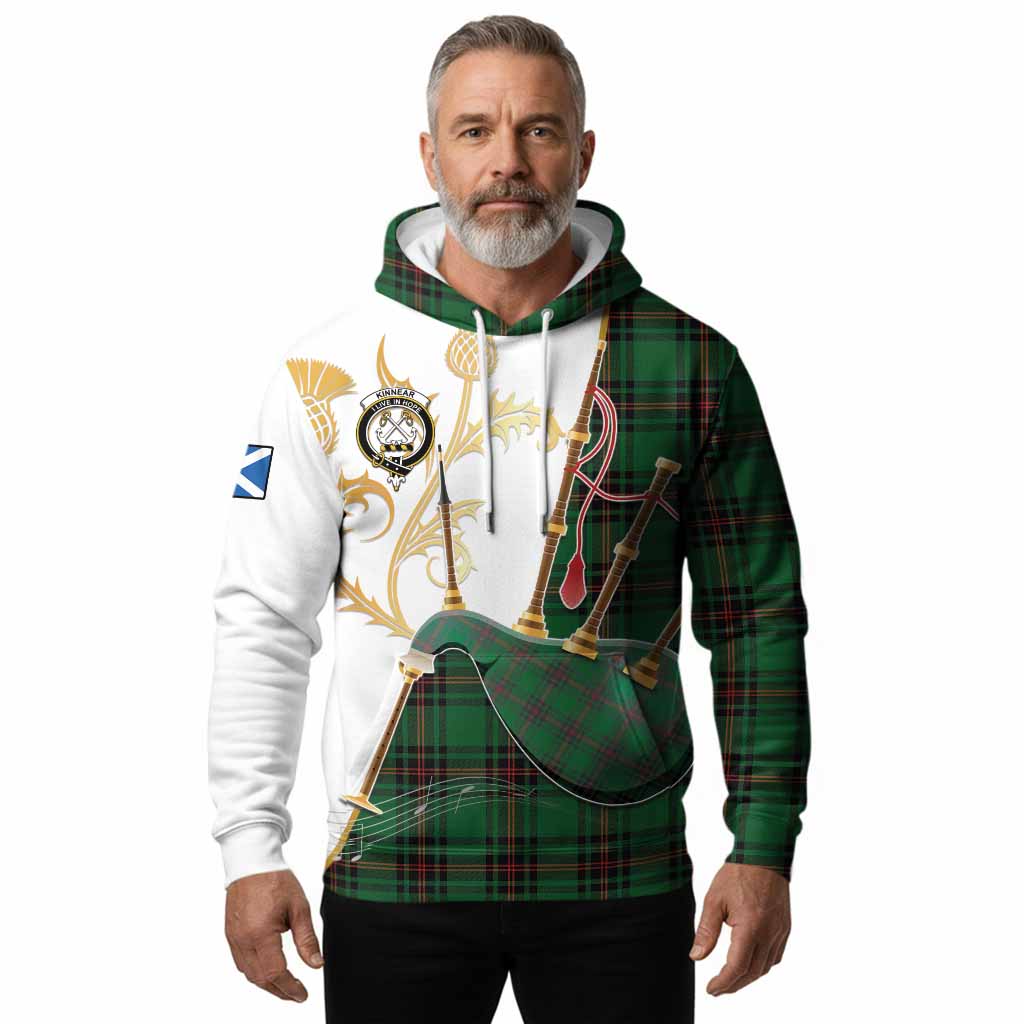 Kinnear Tartan Family Crest Hoodie Bagpipes with Scottish Thistle