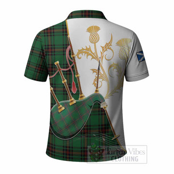 Kinnear Tartan Family Crest Polo Shirt Bagpipes with Scottish Thistle