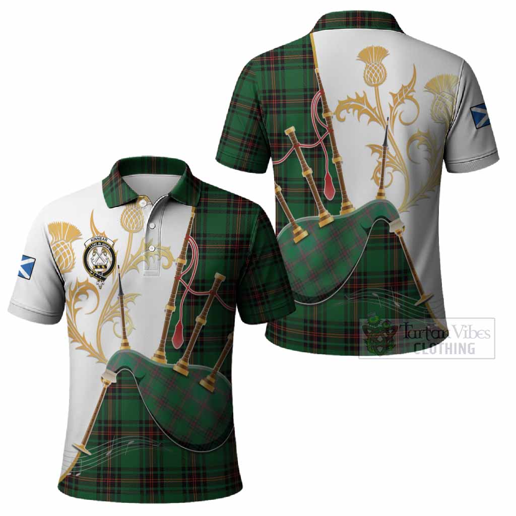 Kinnear Tartan Family Crest Polo Shirt Bagpipes with Scottish Thistle