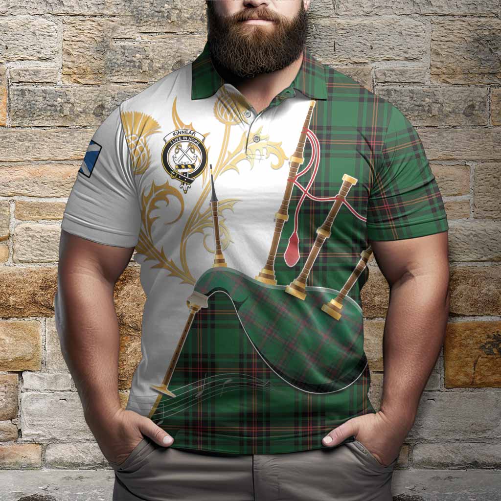 Kinnear Tartan Family Crest Polo Shirt Bagpipes with Scottish Thistle