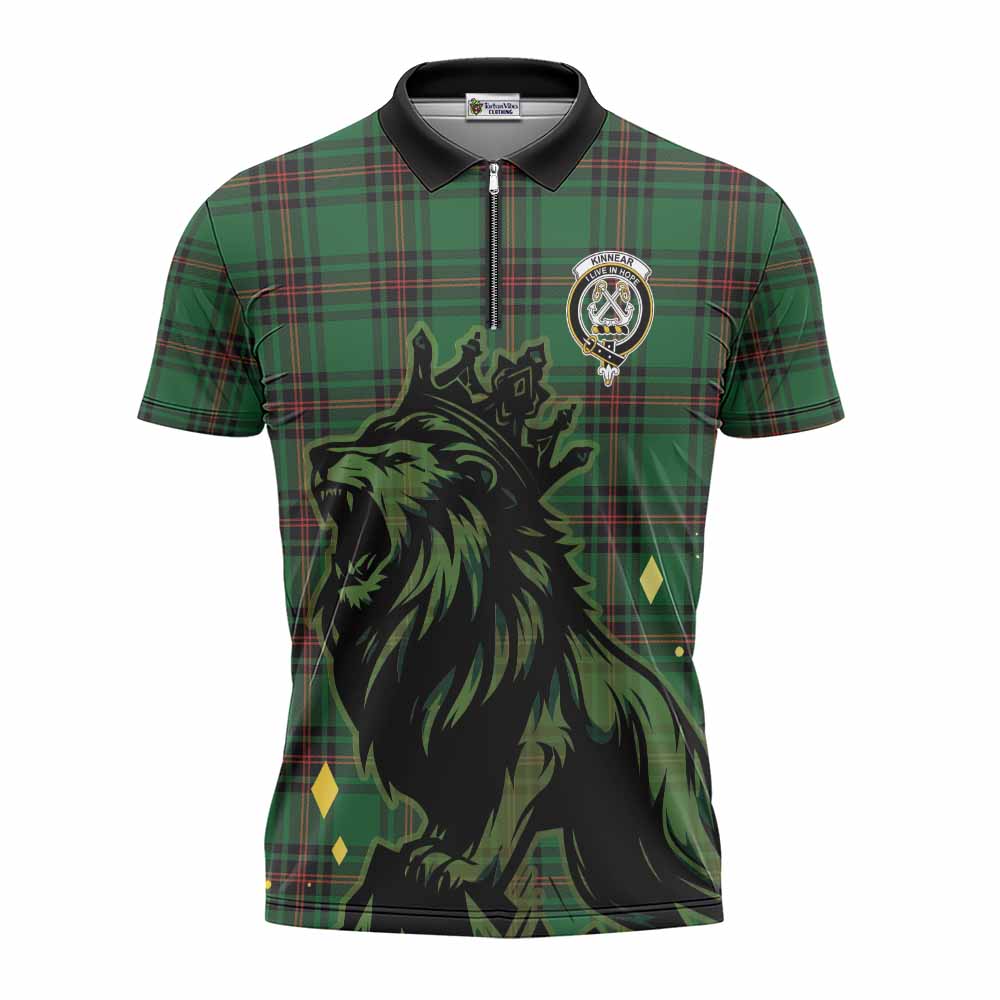 Kinnear Tartan Family Crest Zipper Polo Shirt Crowned Lion Roaring