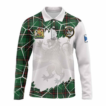 Kinnear Tartan Long Sleeve Polo Shirt with Family Crest and Lion Rampant Grunge Style