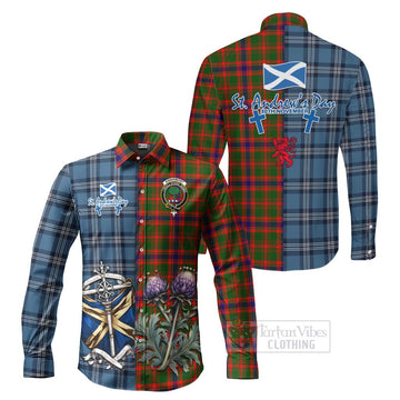 Kinninmont Tartan Long Sleeve Button Shirt Happy St. Andrew's Day Half Tartan Style Men's Shirt S - Tartan Vibes Clothing