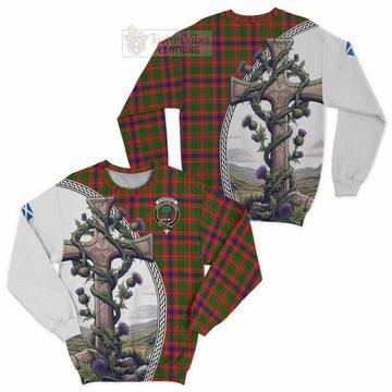 Kinninmont Tartan Sweatshirt with Family Crest and St. Andrew's Cross Accented by Thistle Vines Unisex - Tartan Vibes Clothing
