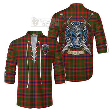 Kinninmont Tartan Ghillie Kilt Shirt with Family Crest Celtic Skull Style Men - Tartan Vibes Clothing